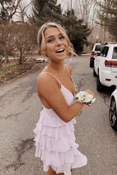 Charming Spaghetti Straps Chiffon Mini Tiered Homecoming Dress